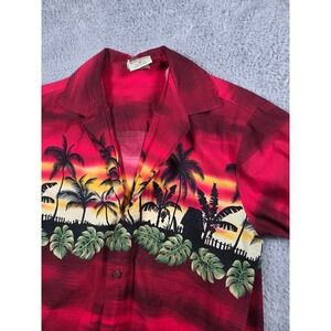 Vintage Winnie Fashion Hawaiian Shirt Red Sunset Palm Tree Cotton Mens Medium